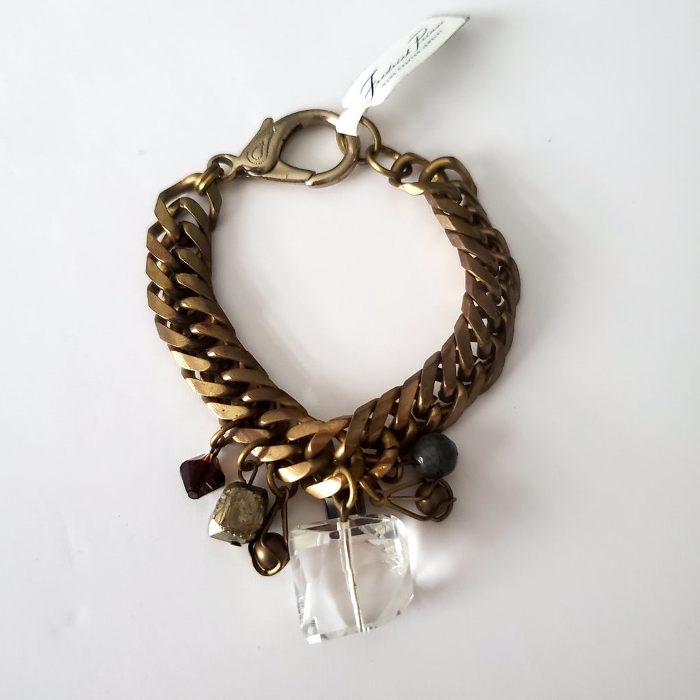 FREDRICK PRINCE Unisex Brass Cuban Chain Charm Bracelet Chunky Glass Stone Beads